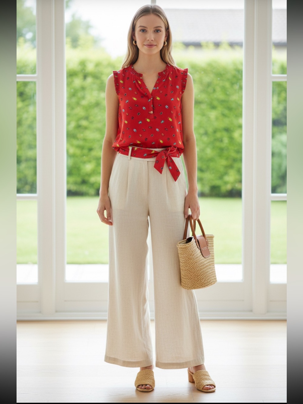 Talbots Bright Red Printed Sleeveless Camisole with Notch Neck with belt
